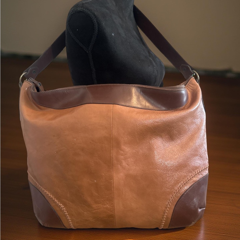 Vintage Burdines Two Tone Brown Very Large Leather Shoulder Bag Made In Italy !! - Picture 5 of 12